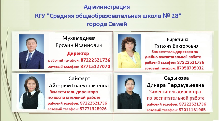Администрация КГУ "Средняя общеобразовательная школа № 28" город Семей