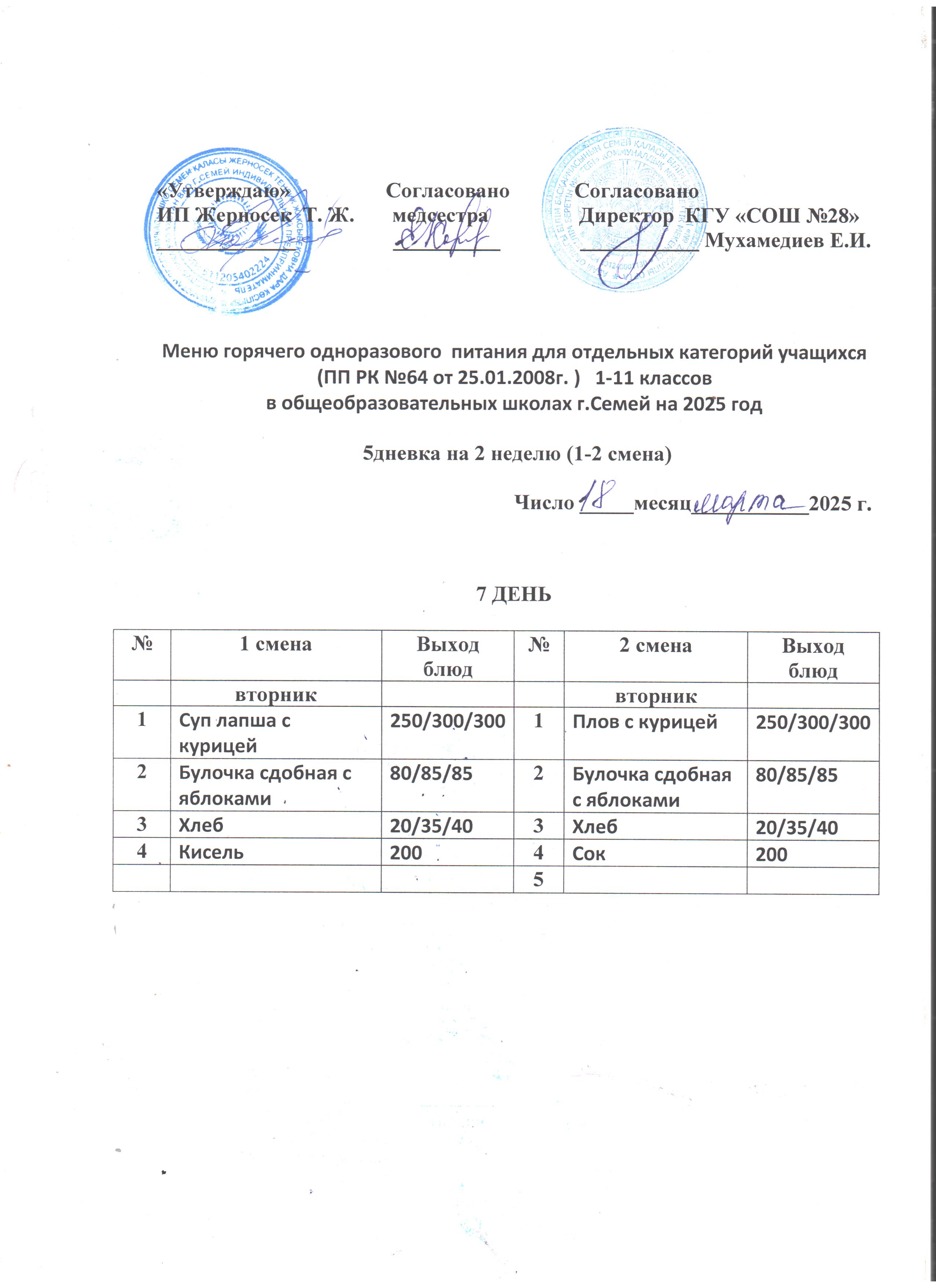 Меню столовой КГУ "СОШ № 28" на 18 марта 2025 года (1, 2 смены обучения).