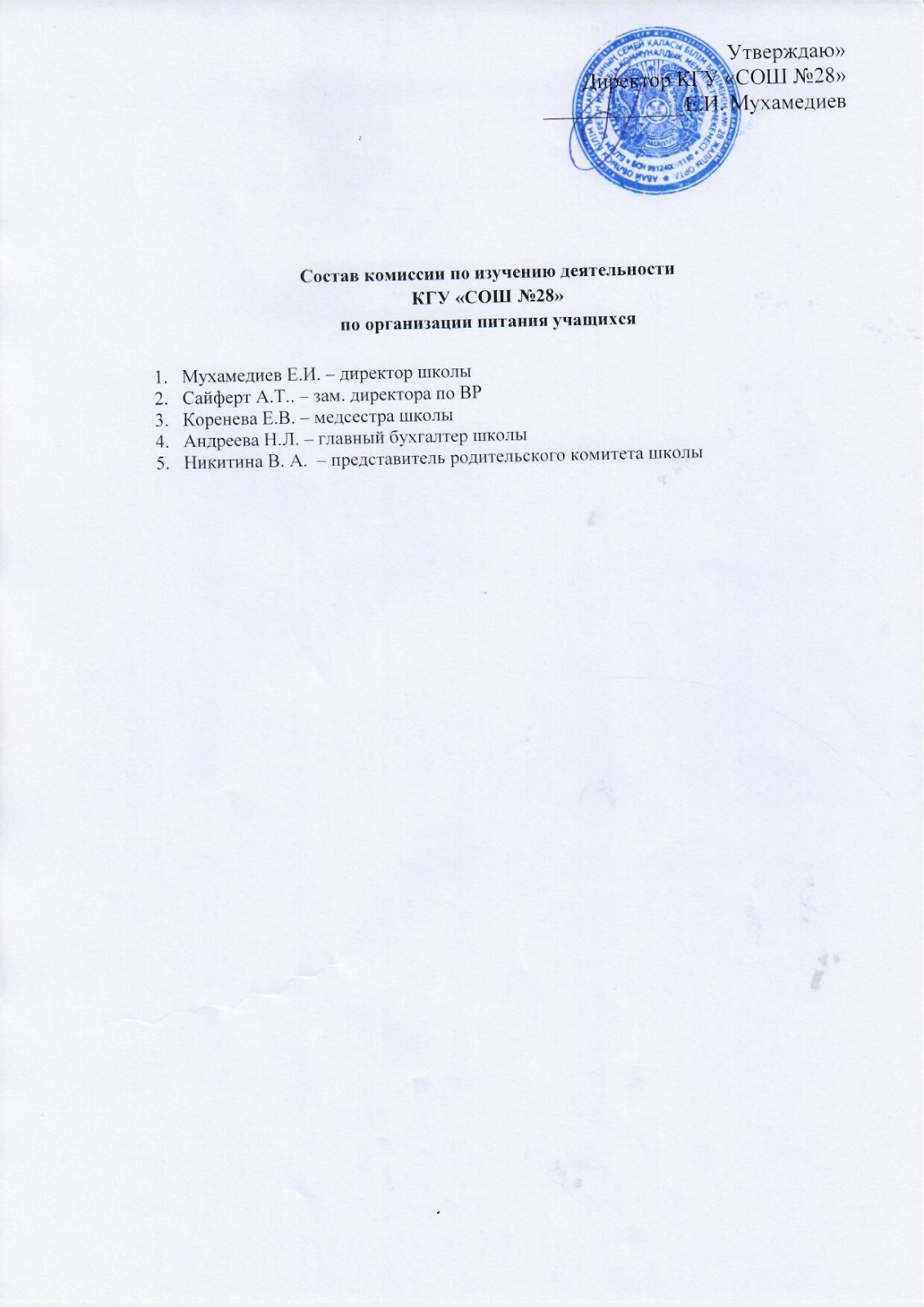 Состав комисси по планированию организации питания учащихся КГУ "СОШ № 28" на 2025 - 2026 учебный год