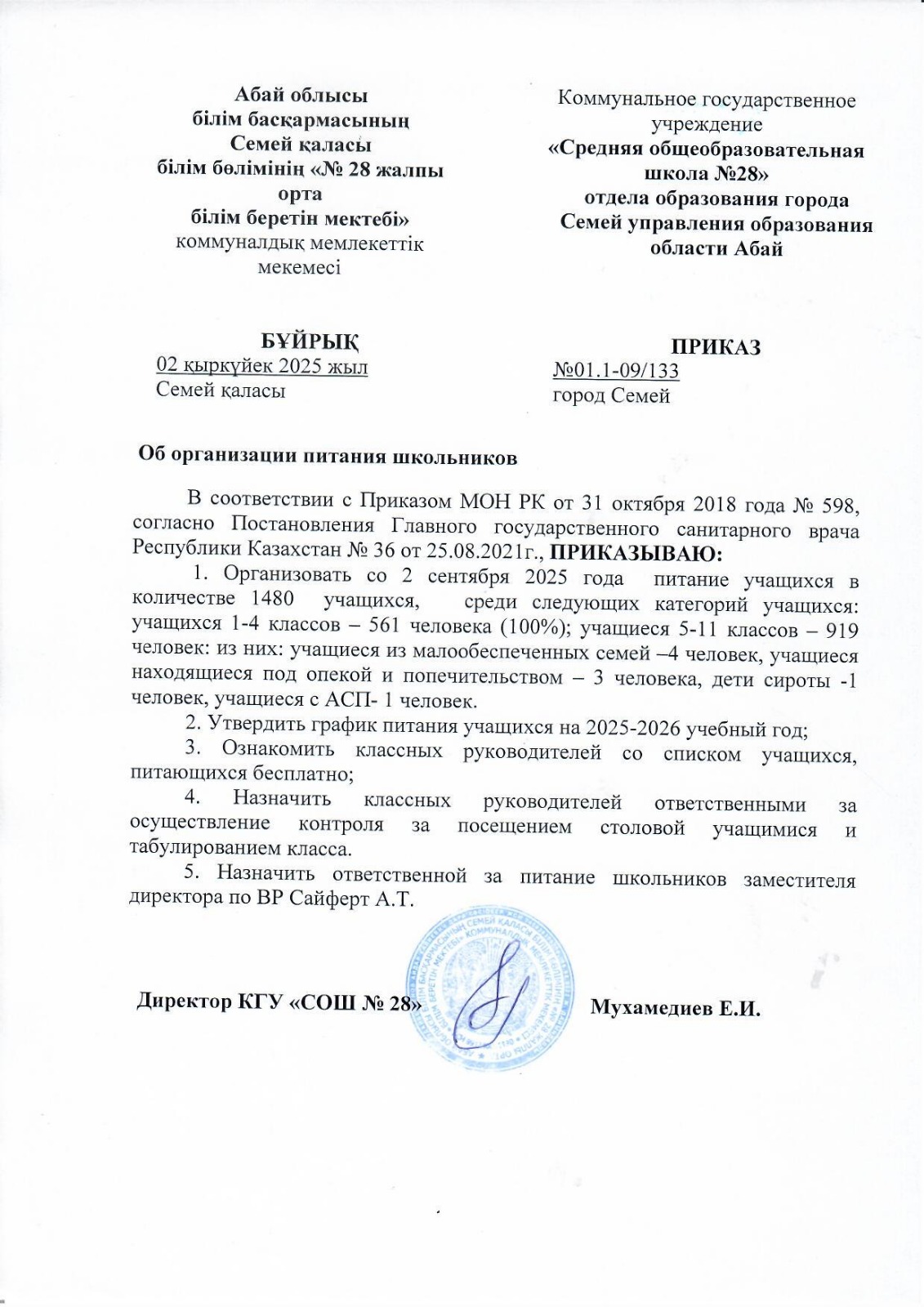 Приказ  об организации питания школьников на 2025 - 26 учебный год.